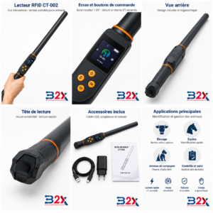 Lecteur RFID portable CT-002 pour puces électroniques animales B2X Tunisie - scanner basse fréquence FDX-B FDX-A HDX